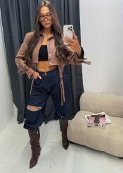 LA MILLA KURTKA Z ECO SKÓRY Z DŁUGIMI PASKAMI KARMEL