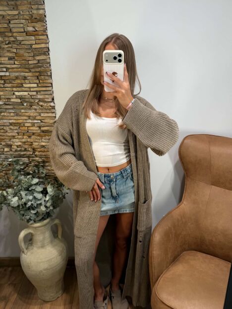 SEMPRE SWETER KARDIGAN Z DZIURAMI TAUPE
