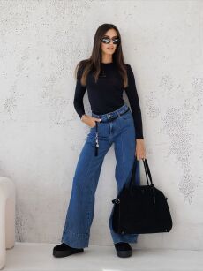 BY O LA LA! SPODNIE JEANSY WIDE LEG PRZESZYCIE NIEBIESKIE