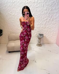 LA MILLA SUKIENKA MAXI SIATECZKA FLOWERS RÓŻ/CZERWIEŃ