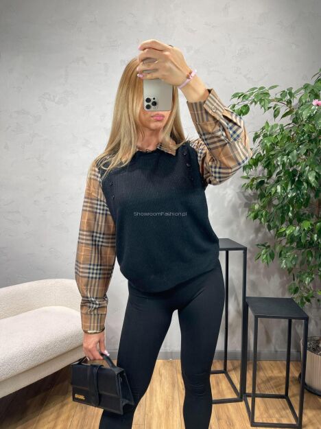 SWETER Z KOSZULOWYMI RĘKAWAMI CZERŃ/BEŻ