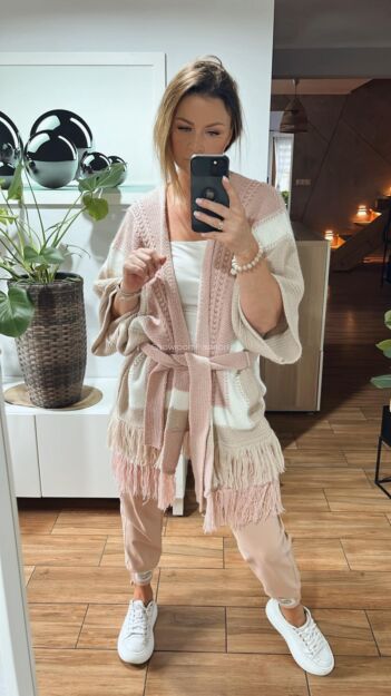 BY O LA LA...! SWETER KARDIGAN FRĘDZLE PUDER/ŚMIETANA/BEŻ