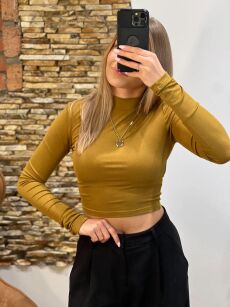 EMO BLUZKA TOP Z DŁUGIM RĘKAWKEM I PÓŁGOLFEM MUSZTARDA