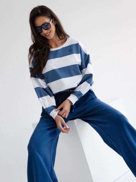 BY O LA LA! DRESOWA BLUZA W SZEROKIE PASY OFF WHITE/DENIM