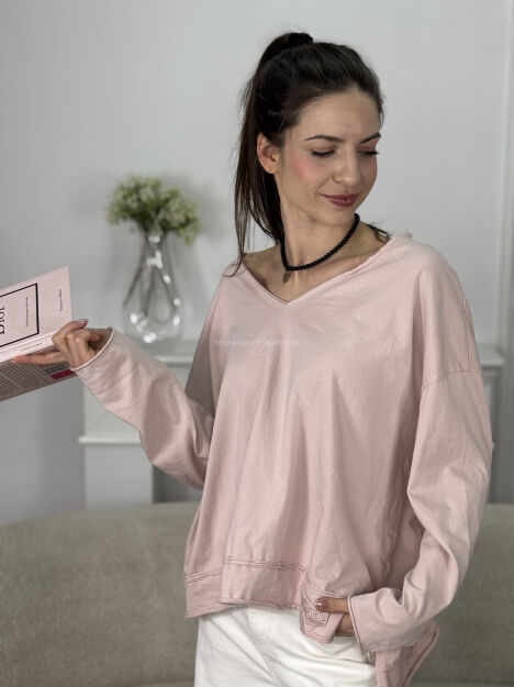 BY O LA LA! ASYMETRYCZNA BLUZKA BASIC V-NECK LOL PUDROWY RÓŻ