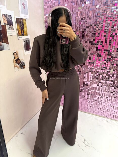 LA MILLA KOMPLET DRESOWY BLUZA + SPODNIE WIDE LEG CZEKOLADA