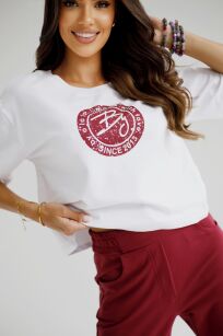 BY O LA LA! PUDEŁKOWA BLUZKA T-SHIRT STEMPEL BIAŁA/BORDO (MERLOT)