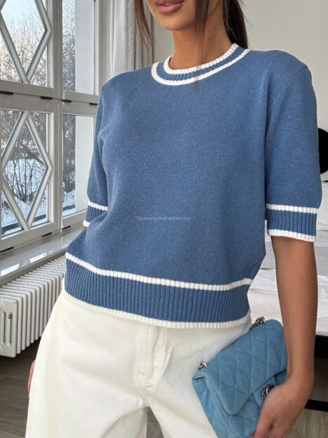 EMO KRÓTKI SWETER Z LAMÓWKĄ BIANCA NIEBIESKI JEANSOWY