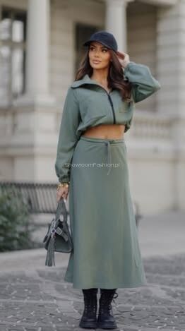BY O LA LA! DRESOWA SPÓDNICA MIDI MATCHA (KHAKI)