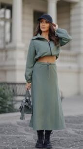 BY O LA LA! DRESOWA SPÓDNICA MIDI MATCHA (KHAKI)