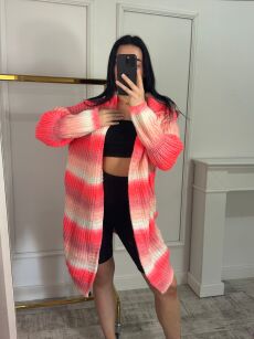 BY O LA LA...! KOLOROWY SWETER KARDIGAN W PASY BIEL/KORAL/BRZOSKWINIA