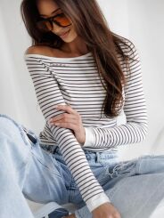 BY O LA LA! BLUZKA W PASKI Z GUZIKAMI Z TYŁU OFF WHITE/KAKAO