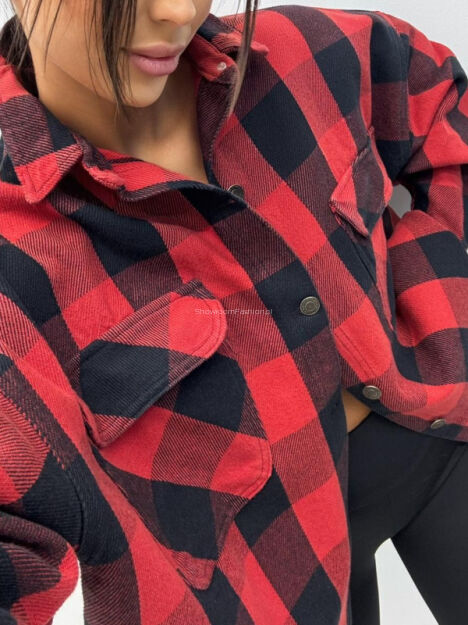 EMO KURTKA KATANA JEANSOWA W KRATĘ CZERWONA/CZARNA