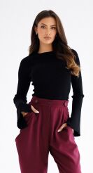 BY O LA LA...! PRĄŻKOWANY SWETER SZEROKIE RĘKAWY CZARNY