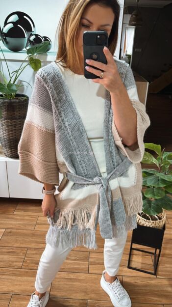 BY O LA LA...! SWETER KARDIGAN FRĘDZLE ŚMIETANA/BEŻ/SZARY