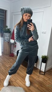 BY O LA LA...! WELUROWY KOMPLET DRES Z HERBEM SZARY