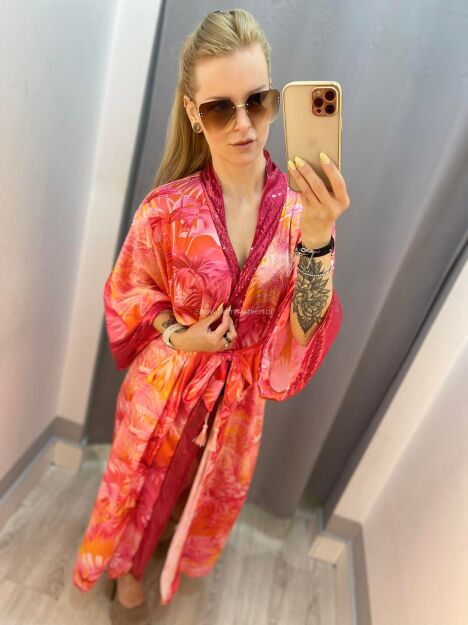  BY O LA LA...! KIMONO PLAŻOWE Z CEKINAMI KORAL/FUKSJA