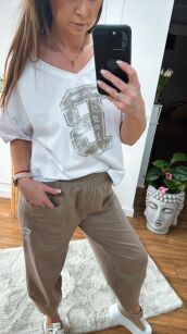 BY O LA LA! BLUZKA T-SHIRT "B" BIEL/TAUPE