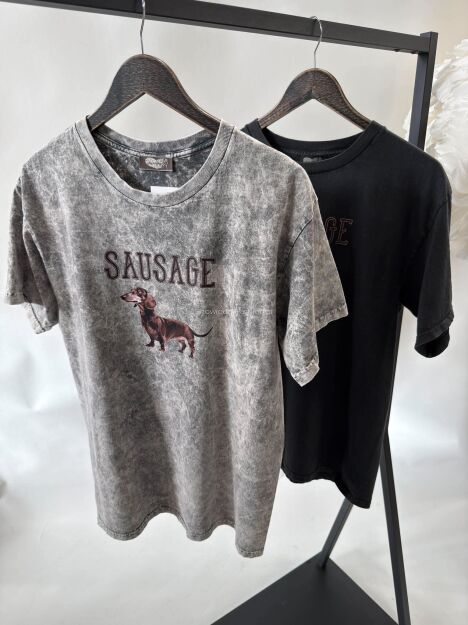 BY O LA LA...! BLUZKA T-SHIRT DEKATYZOWANY SAUSAGE SZARA