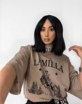 LA MILLA BLUZKA T-SHIRT WESTERN OVERSIZE Z LOGO BEŻ - 3