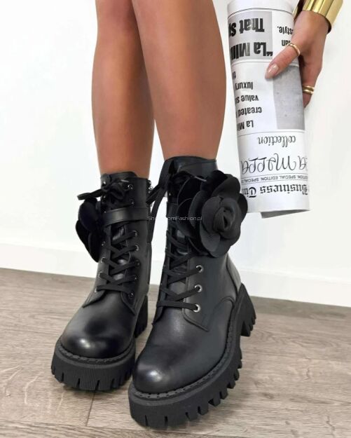 LA MILLA BUTY BOTKI WORKERY Z RÓŻĄ CZARNE