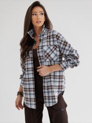 BY O LA LA! DRESOWA KOSZULA W KRATĘ Z HAFTEM BŁĘKIT/CZEKOLADA