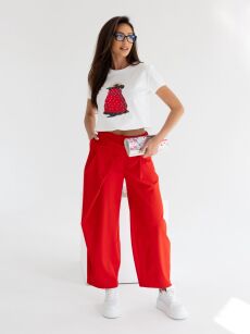 BY O LA LA...! SPODNIE ASYMETRYCZNA ZASZEWKA TERRY RED KISS (CZERWONE)