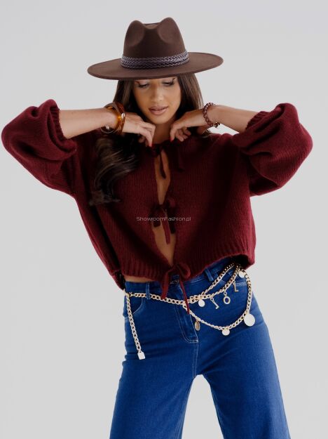 BY O LA LA.. ! OVERSIZOWY SWETER WIĄZANY BORDO