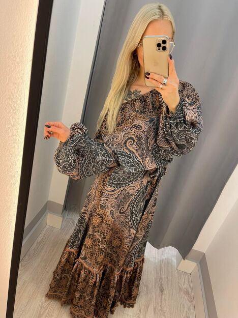 BY O LA LA! SUKIENKA MAXI BOHO PRINT CZERŃ/BEŻ