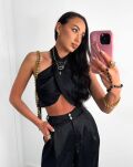 LA MILLA SATYNOWY KOMPLET WIĄZANY TOP + SPODNIE CĘTKI CZARNY - 3