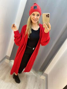 BY O LA LA...! SWETER KARDIGAN AŻUROWY CZERWONY