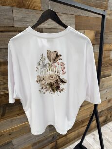 BY O LA LA! BLUZKA T-SHIRT PRINT KWIATY ŚMIETANA/BEŻ/KAKAO