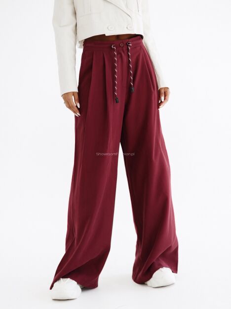 BY O LA LA! SPODNIE WIDE LEG Z TROKAMI W PASIE MERLOT (BORDO)