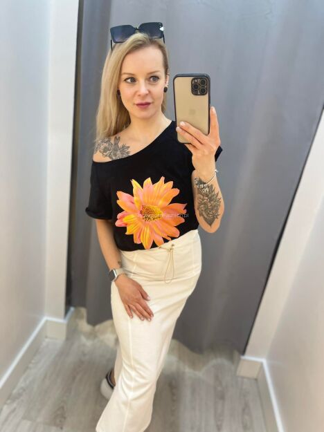 BY O LA LA! BLUZKA T-SHIRT MARGARETKA CZERŃ/POMARAŃCZ