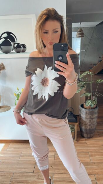 BY O LA LA! BLUZKA T-SHIRT MARGARETKA CZEKOLADA/BIEL