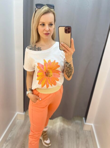 BY O LA LA! BLUZKA T-SHIRT MARGARETKA BIEL/KORAL