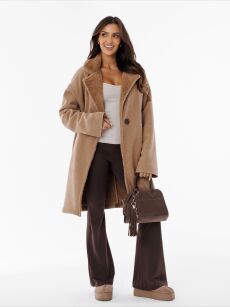 BY O LA LA! PŁASZCZ KOŻUSZEK PRĄŻKOWANY BEŻ