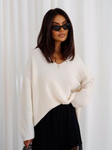 BY O LA LA.. ! SWETER ALPAKA V-NECK ISABELLA PERŁA