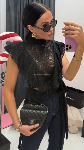 LA MILLA KRÓTKA KORONKOWA BLUZKA WIĄZANA NA BOKACH CZARNA