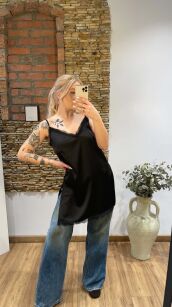 BY O LA LA...! BLUZKA TOP Z KORONKĄ SATYNA CZARNY