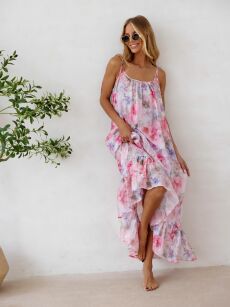 BY O LA LA! SUKIENKA MAXI Z HALKĄ FLORA RÓŻ/FANGO/FIOLET