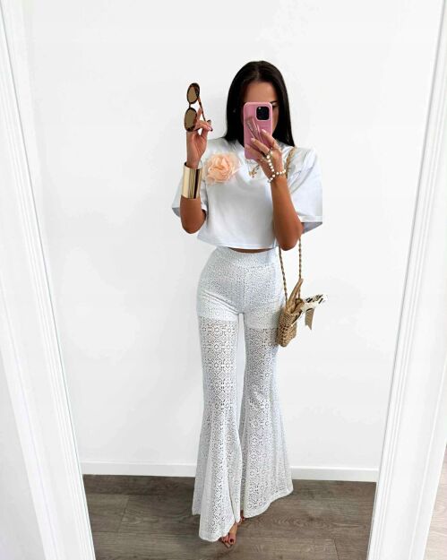 LA MILLA KORONKOWE SPODNIE DZWONY Z SZORTAMI BIAŁE