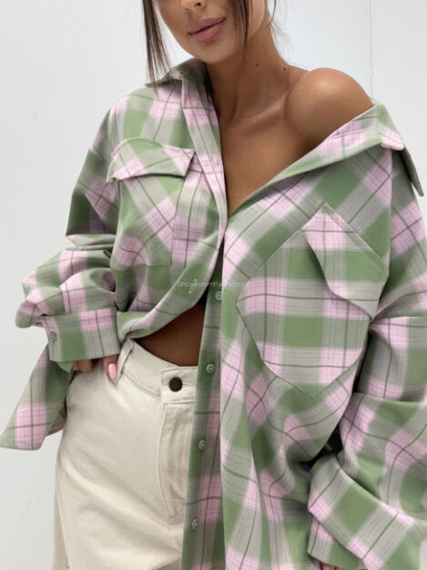EMO DŁUGA OVERSIZOWA KOSZULA W KRATĘ  ZIELEŃ/RÓŻ