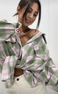 EMO DŁUGA OVERSIZOWA KOSZULA W KRATĘ  ZIELEŃ/RÓŻ