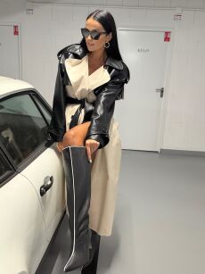 LA MILLA PŁASZCZ TRENCZ DŁUGI Z ECO SKÓRĄ ŚMIETANA