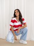 BY O LA LA! BLUZKA T-SHIRT V-NECK W GRUBE PASY BIEL/RED KISS (CZERWIEŃ) - 4