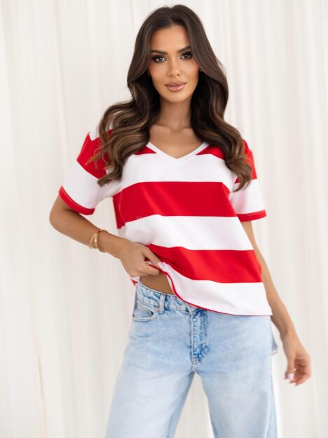 BY O LA LA! BLUZKA T-SHIRT V-NECK W GRUBE PASY BIEL/RED KISS (CZERWIEŃ)