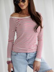 BY O LA LA! BLUZKA W PASKI Z GUZIKAMI Z TYŁU OFF WHITE/RED KISS