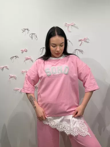 BY O LA LA! BLUZKA T-SHIRT SOHO SUGAR PINK/SZARY