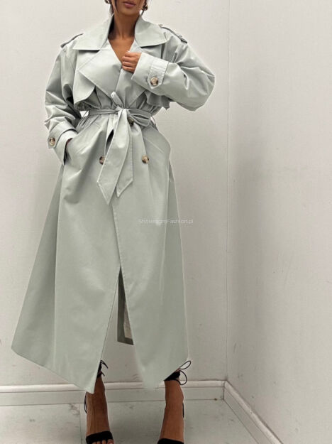 EMO DŁUGI PŁASZCZ TRENCZ Z PAGONAMI MIĘTA